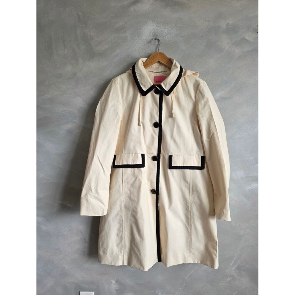 Kate Spade Single Breasted Pale Yellow & Navy Blue Hooded Trench Coat Sz L